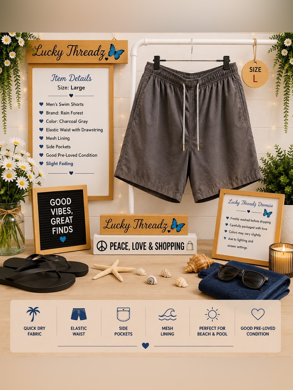 RAINFOREST Charcoal Gray Men’s Swim Trunks - Elastic Waist with Drawstring